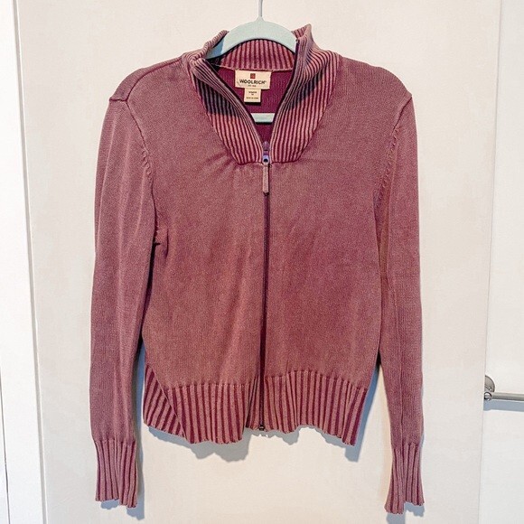 Woolrich Sweater Jacket Purple Wineberry Ribbed Zip Up Collared Ramie Medium - Picture 1 of 9